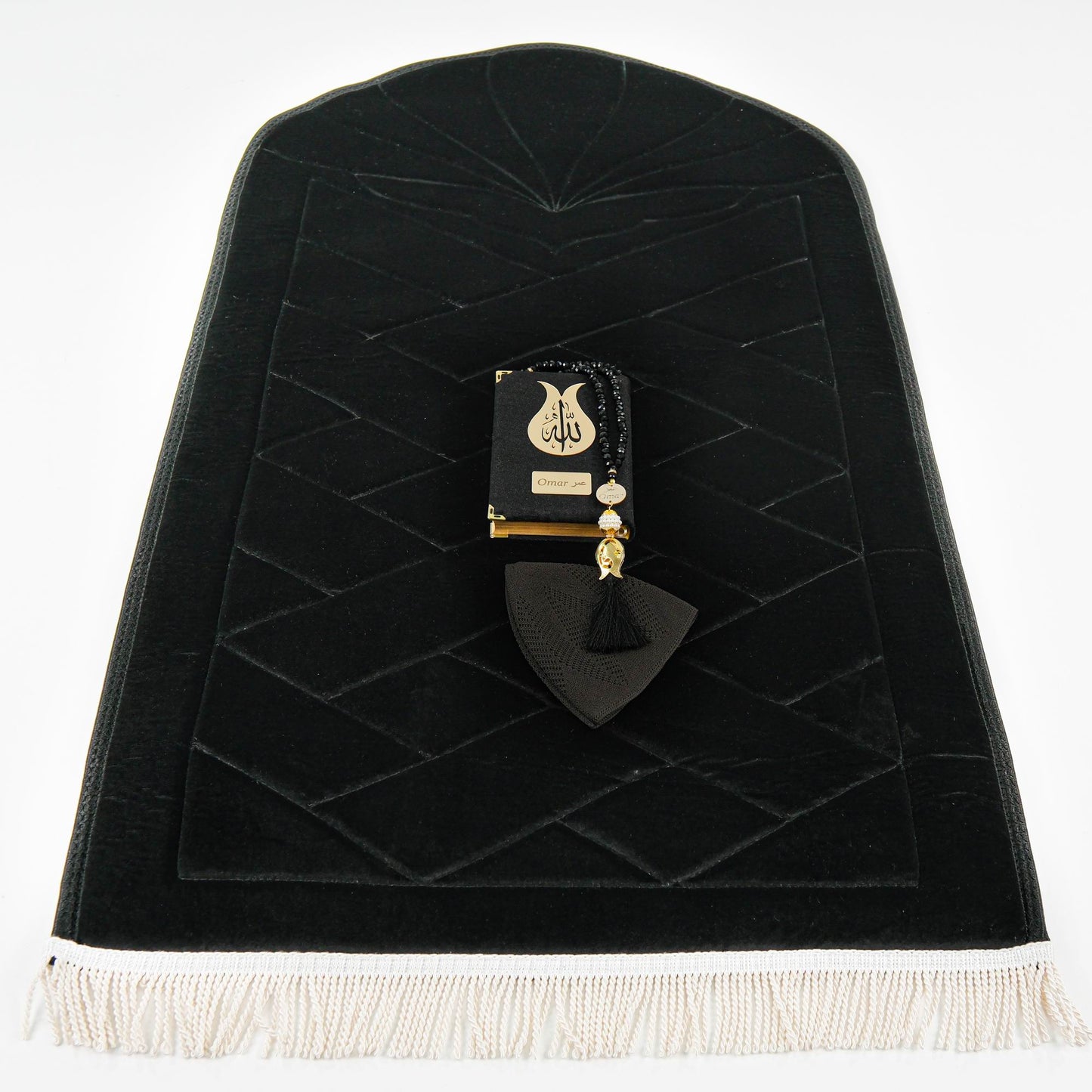 Lüks Seccade İsimli Kuran-ı Kerim Tespih Eşarp Hediye Seti | Yastıklı Kalın Namazlık