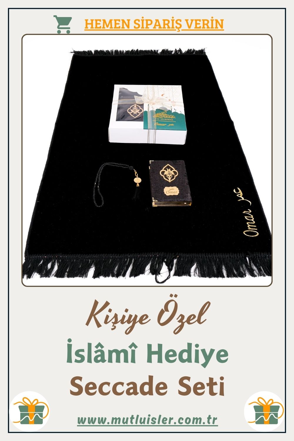 İsme Özel Seccade Kuran-ı Kerim Tespih Hediye Seti | Hediyelik İsimli Seccade Seti, Kadife Namazlık