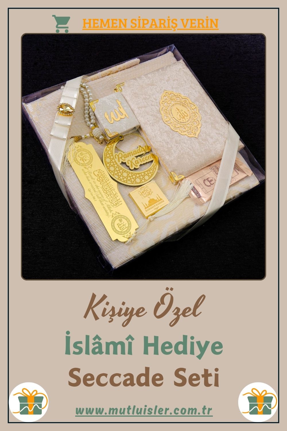 İsme Özel Seccade Mini Kuran Yasin Tespih Ayraç Türk Kahvesi Çikolata Ağaç Süsü Ramazan Hediye Seti