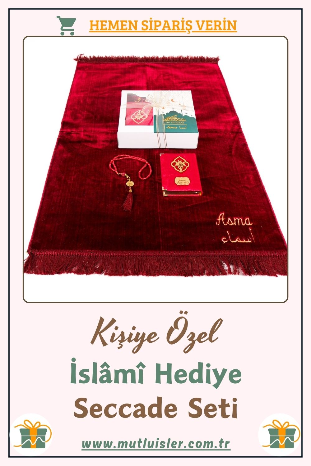 İsme Özel Seccade Kuran-ı Kerim Tespih Hediye Seti | Hediyelik İsimli Seccade Seti, Kadife Namazlık