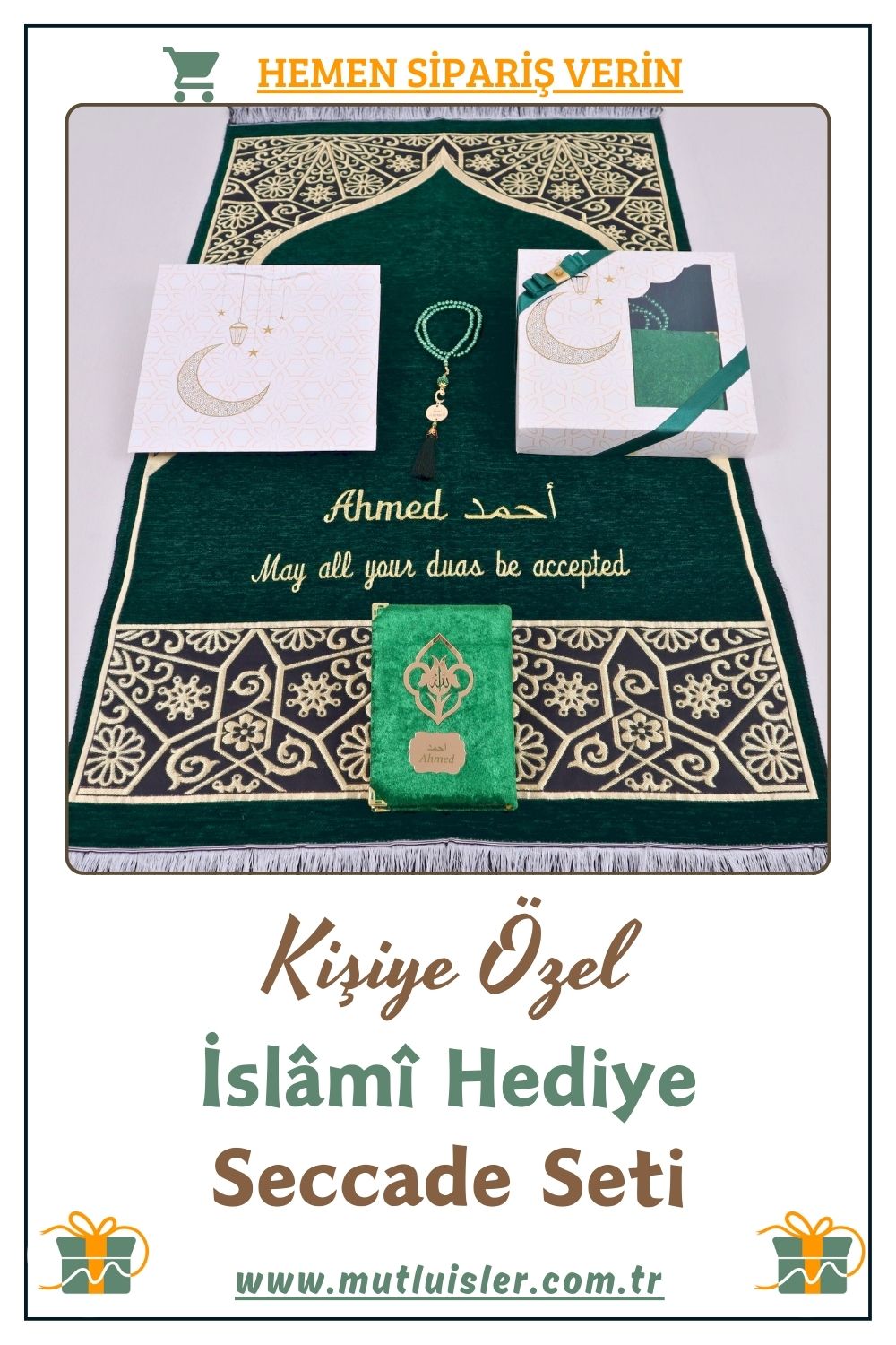 İsimli Seccade Kuran-ı Kerim Tespih Hediye Seti | Hediyelik İsme Özel Seccade Seti, Şönil Namazlık
