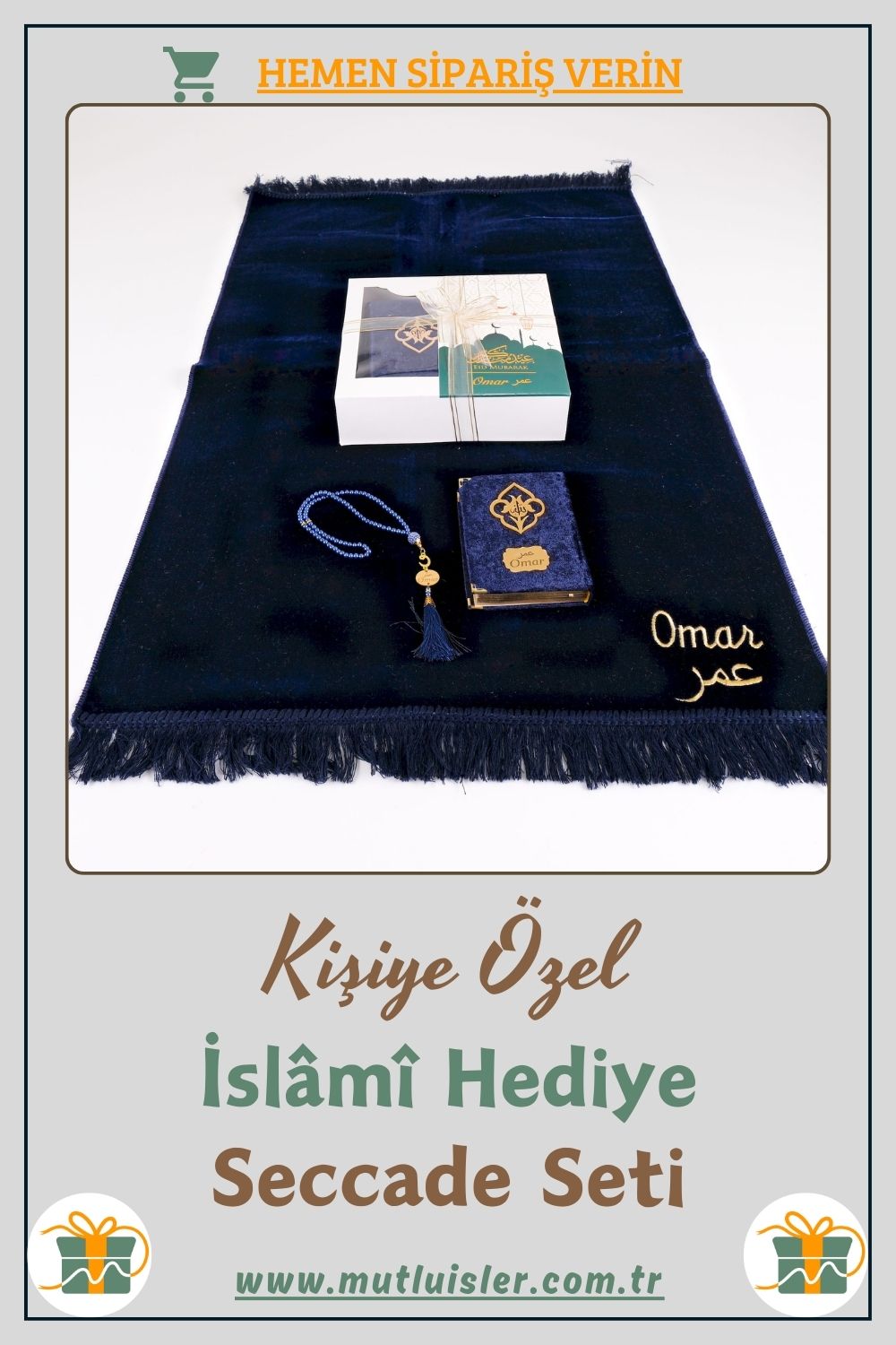 İsme Özel Seccade Kuran-ı Kerim Tespih Hediye Seti | Hediyelik İsimli Seccade Seti, Kadife Namazlık