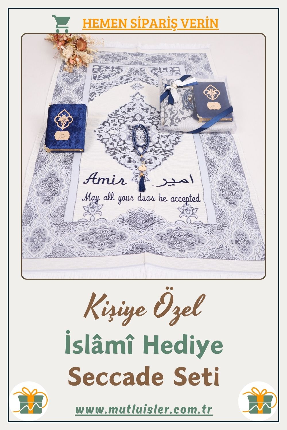 İsme Özel Seccade Kuran-ı Kerim Tespih Hediye Seti | Hediyelik İsimli Seccade Seti, Namazlık Seyahat