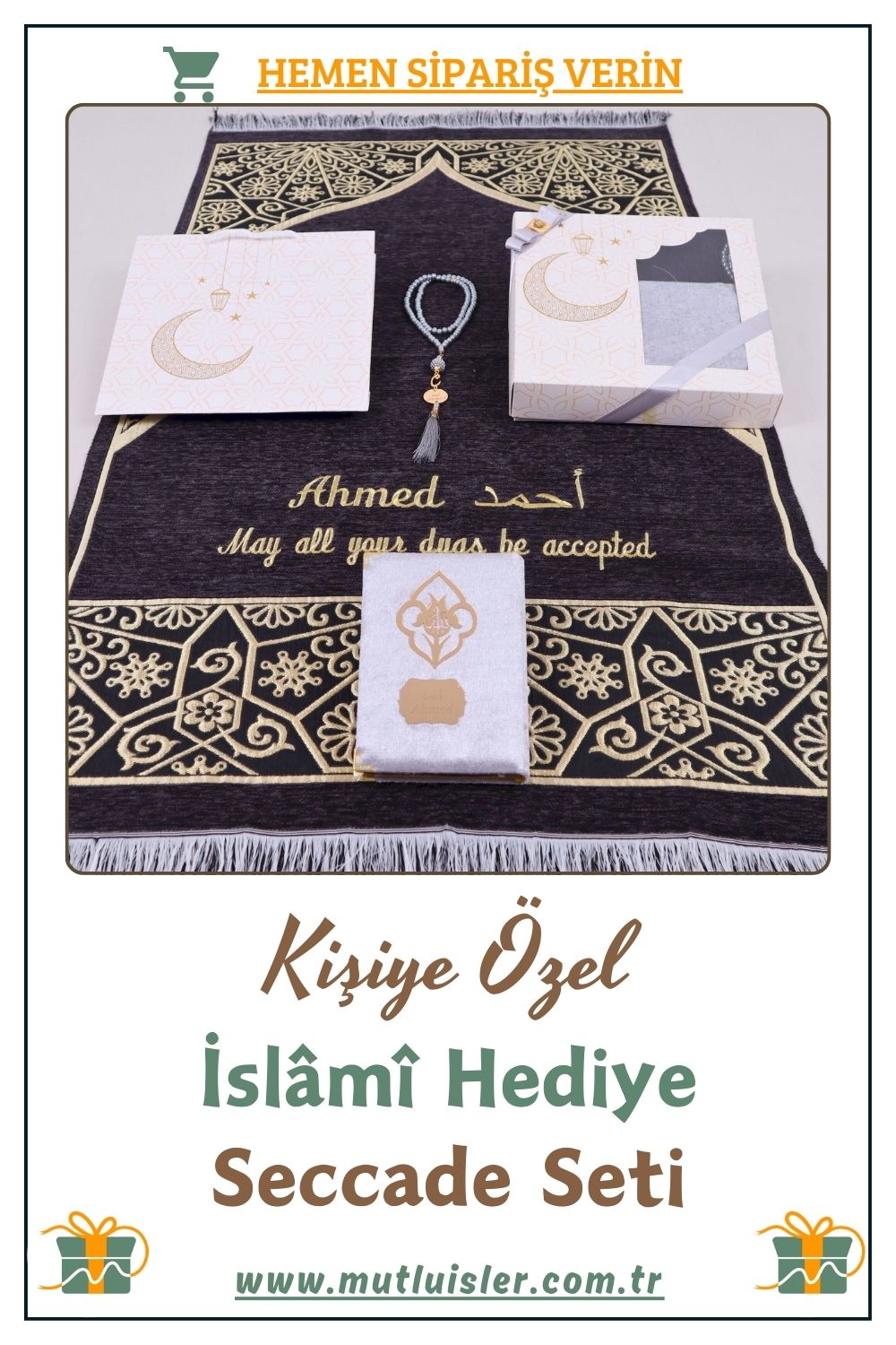 İsimli Seccade Kuran-ı Kerim Tespih Hediye Seti | Hediyelik İsme Özel Seccade Seti, Şönil Namazlık