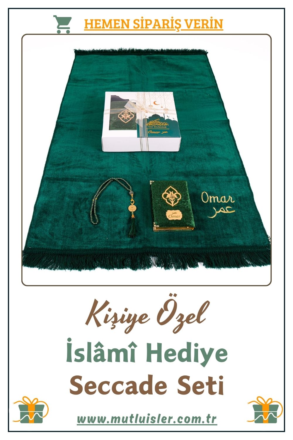 İsme Özel Seccade Kuran-ı Kerim Tespih Hediye Seti | Hediyelik İsimli Seccade Seti, Kadife Namazlık