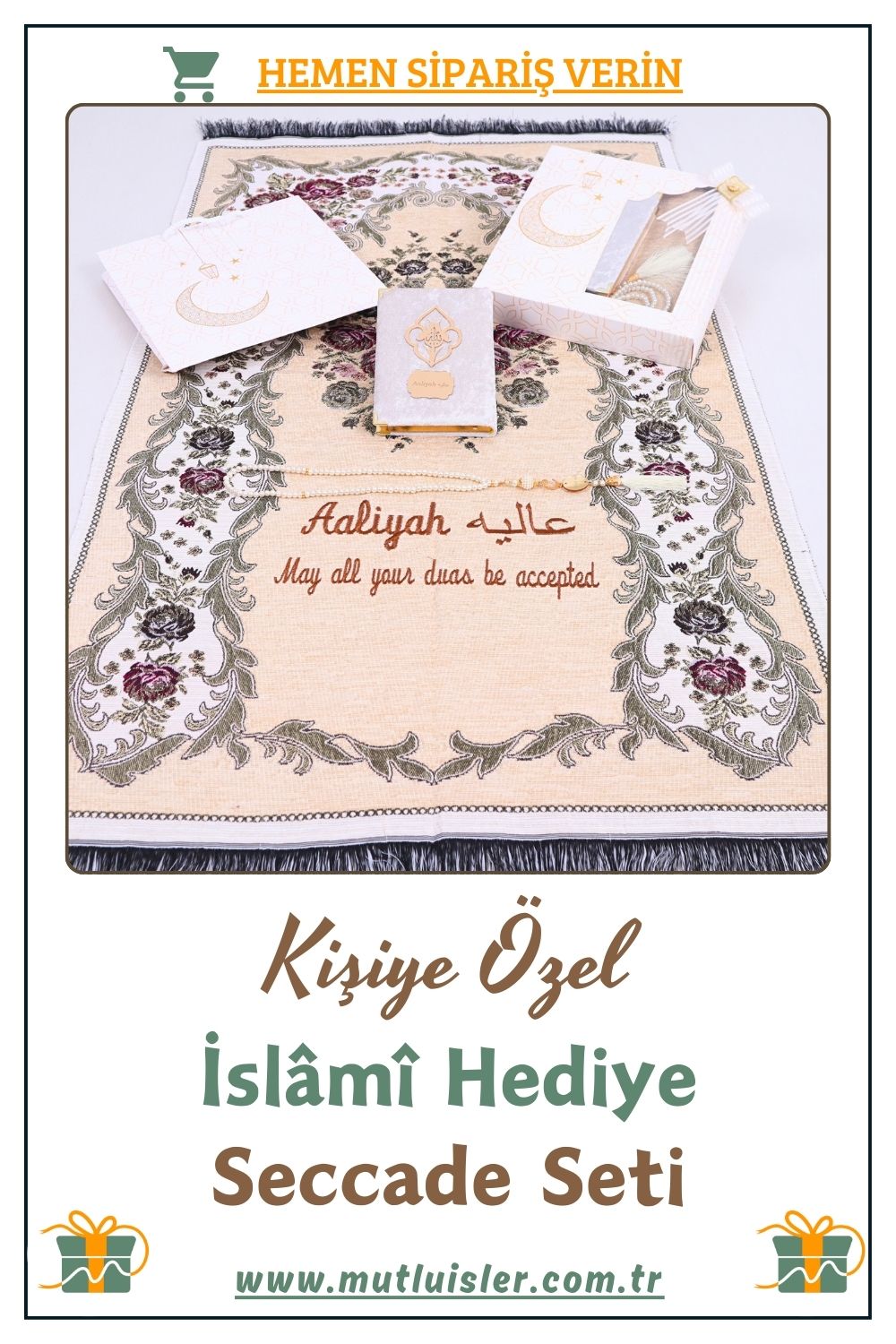 İsimli Seccade Kuran-ı Kerim Tespih Hediye Seti | İsme Özel Seccade Seti, Güllü Namazlık