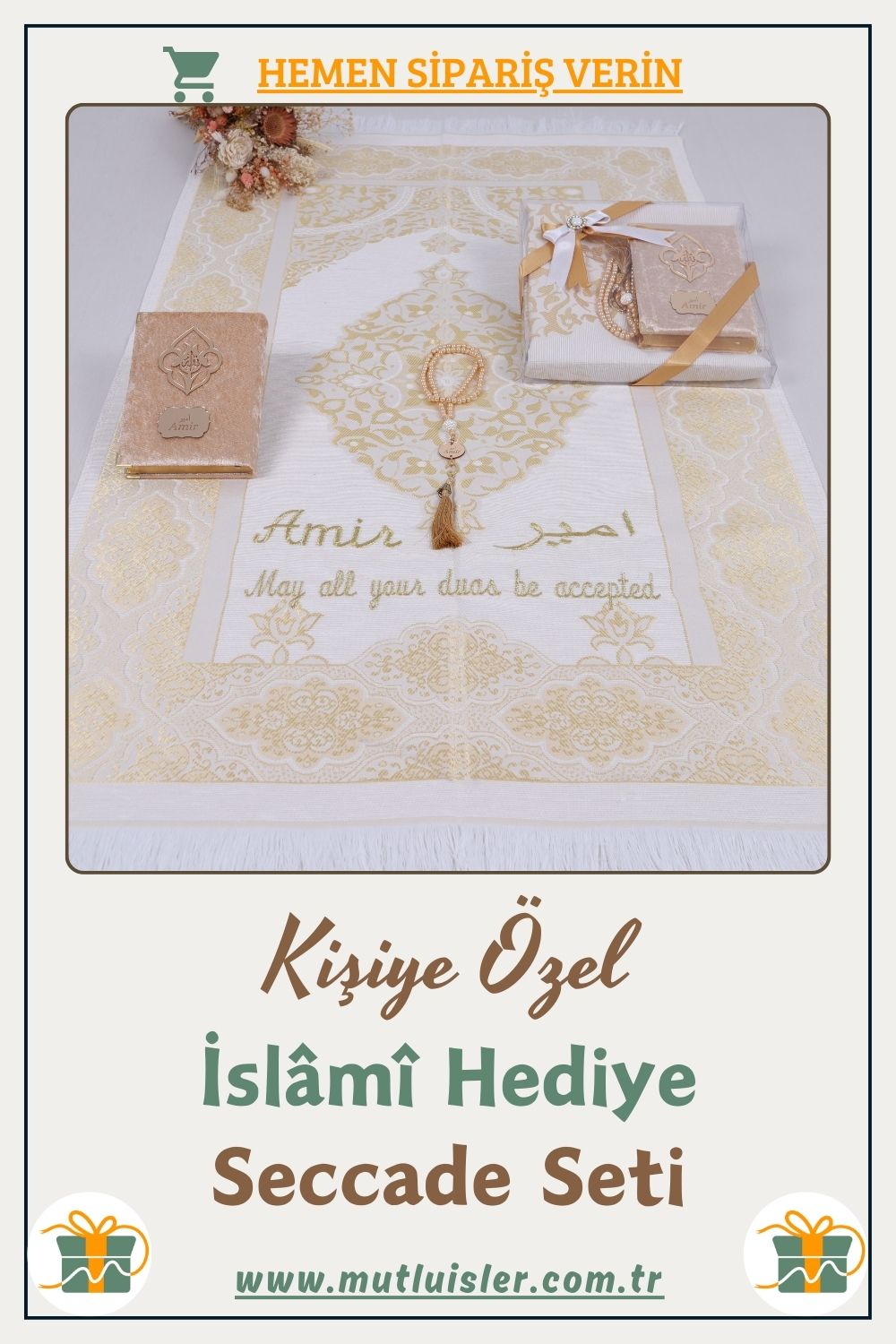 İsme Özel Seccade Kuran-ı Kerim Tespih Hediye Seti | Hediyelik İsimli Seccade Seti, Namazlık Seyahat
