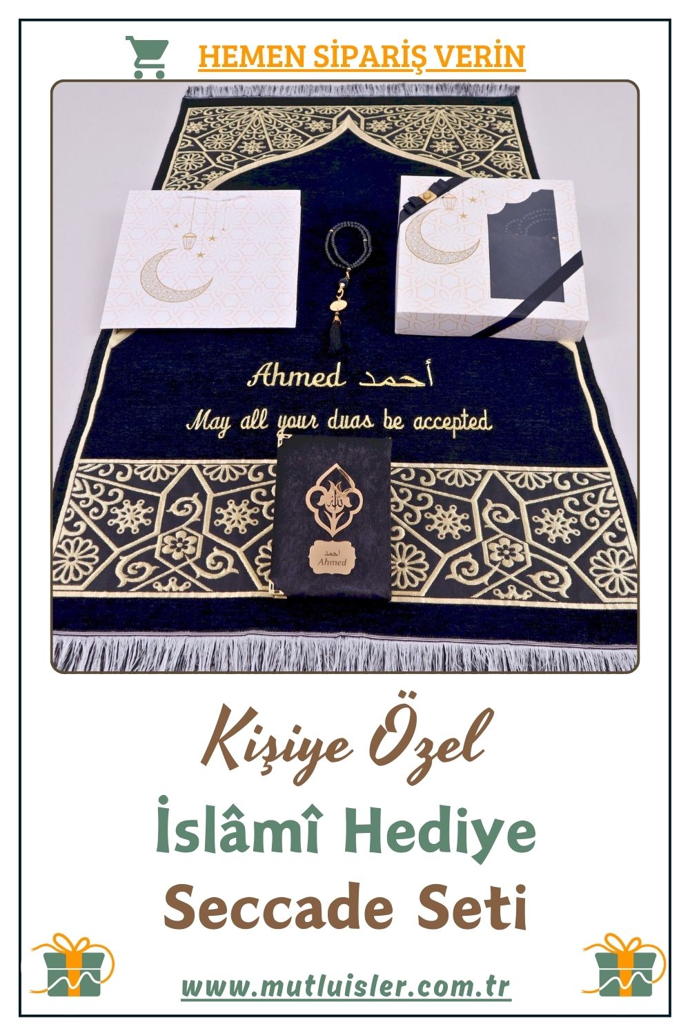 İsimli Seccade Kuran-ı Kerim Tespih Hediye Seti | Hediyelik İsme Özel Seccade Seti, Şönil Namazlık