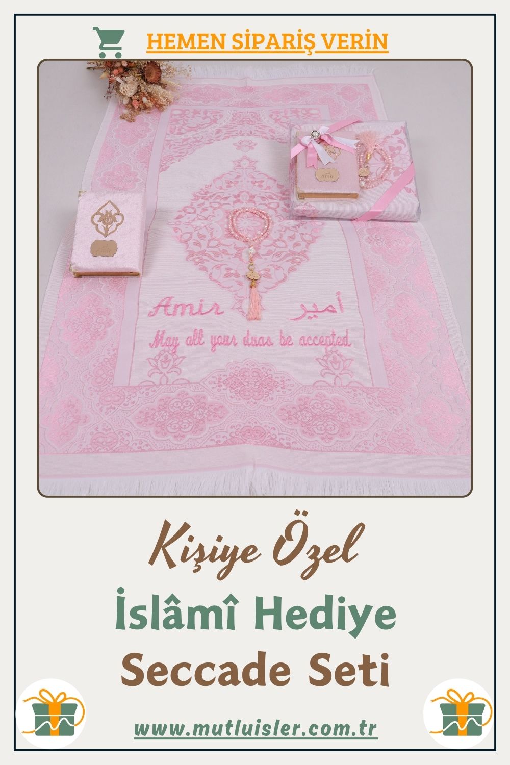 İsme Özel Seccade Kuran-ı Kerim Tespih Hediye Seti | Hediyelik İsimli Seccade Seti, Namazlık Seyahat