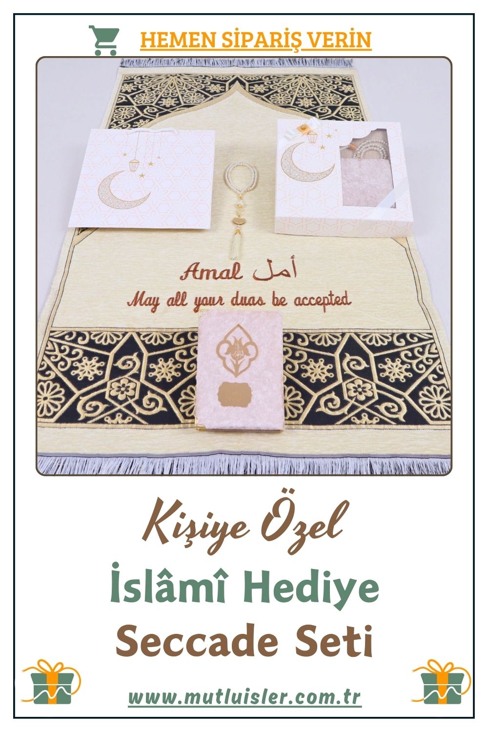 İsimli Seccade Kuran-ı Kerim Tespih Hediye Seti | Hediyelik İsme Özel Seccade Seti, Şönil Namazlık