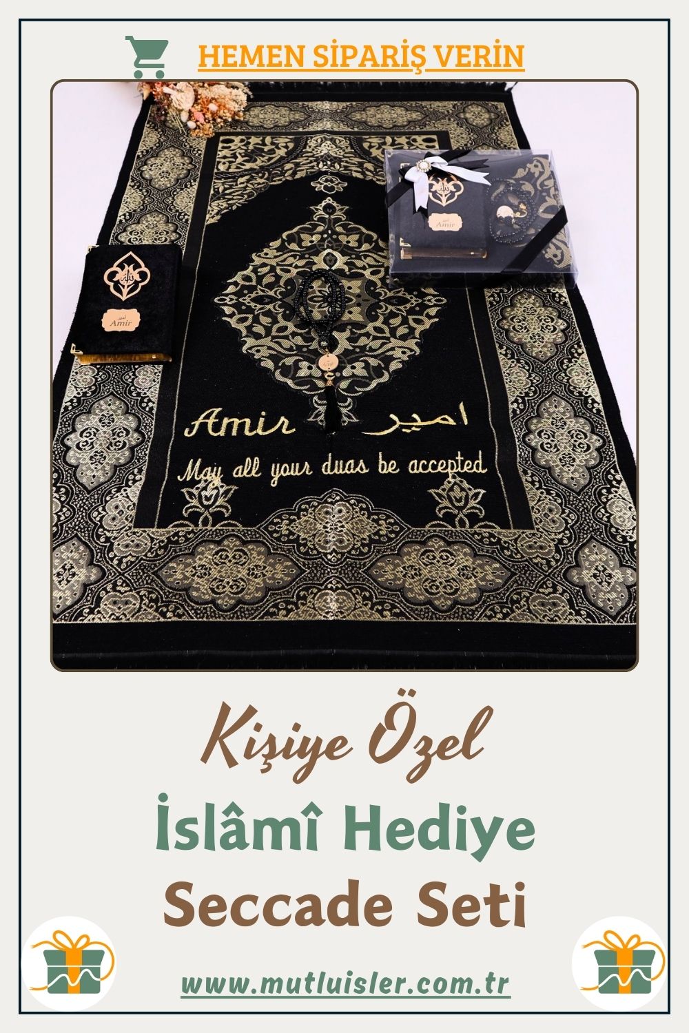 İsme Özel Seccade Kuran-ı Kerim Tespih Hediye Seti | Hediyelik İsimli Seccade Seti, Namazlık Seyahat