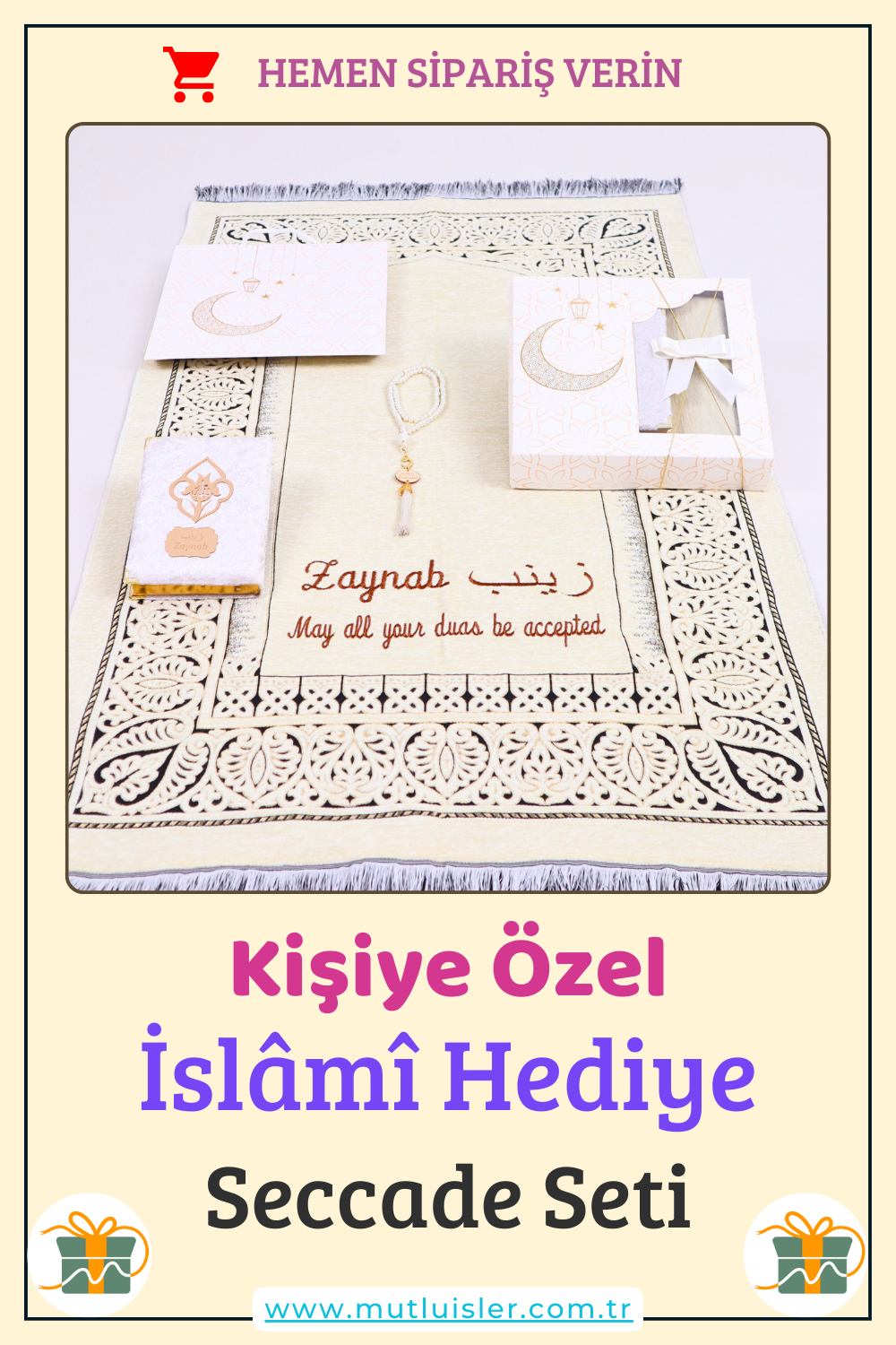 Kişiselleştirilmiş İsme Özel Seccade Kuran Tesbih Hediye Seti, Hediyelik İsimli Seccade Seti