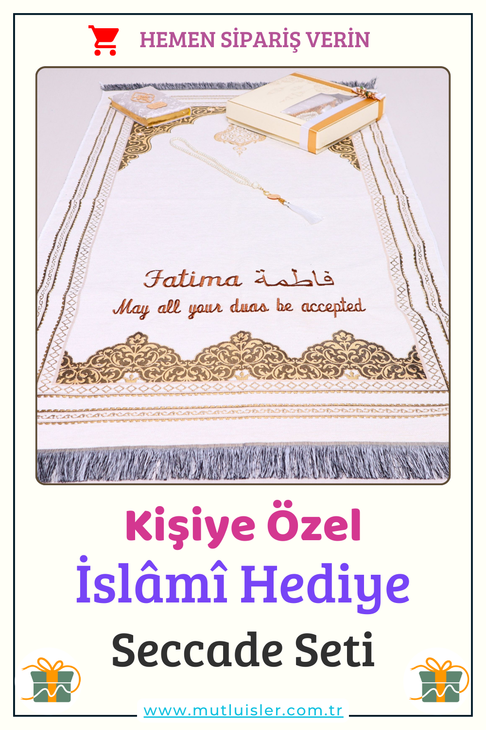 Kişiselleştirilmiş İsimli Seccade Kuran-ı Kerim Tespih Hediye Seti, Hediyelik İsme Özel Seccade Seti