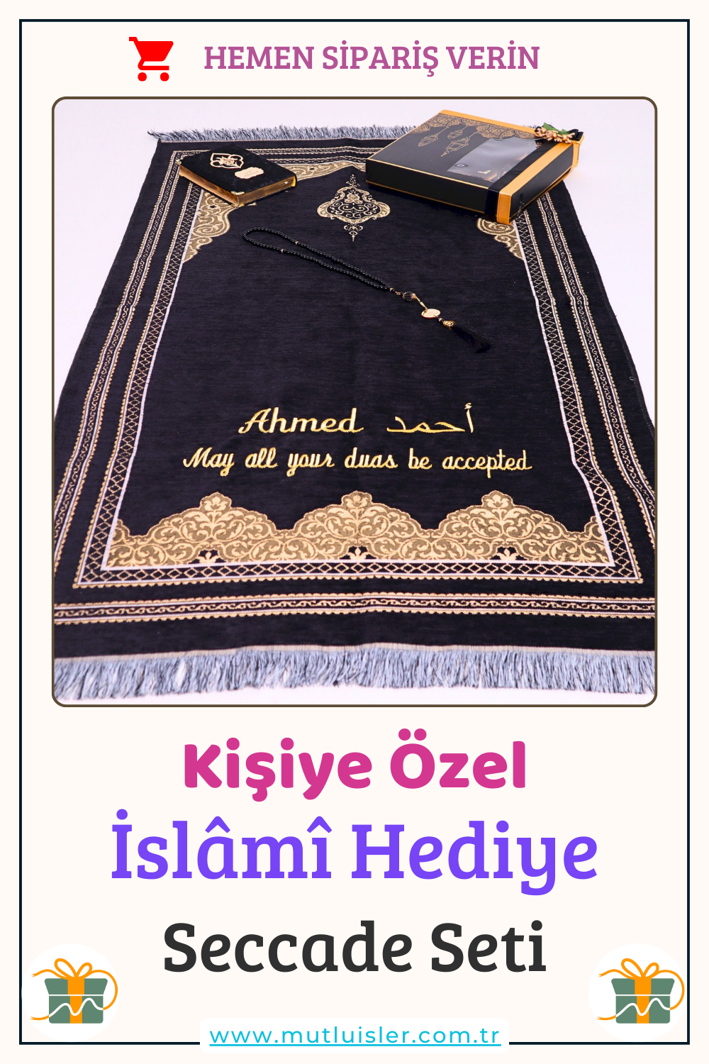 Kişiselleştirilmiş İsimli Seccade Kuran-ı Kerim Tespih Hediye Seti, Hediyelik İsme Özel Seccade Seti