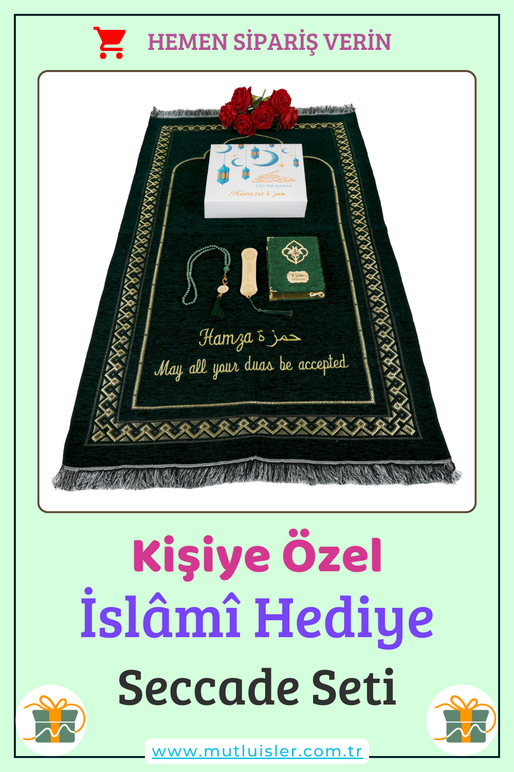 Kişiselleştirilmiş İsme Özel Seccade Kuran Tesbih Yasin Hediye Seti, Ramazan Hediyelik Kişiye Özel Seccade Seti