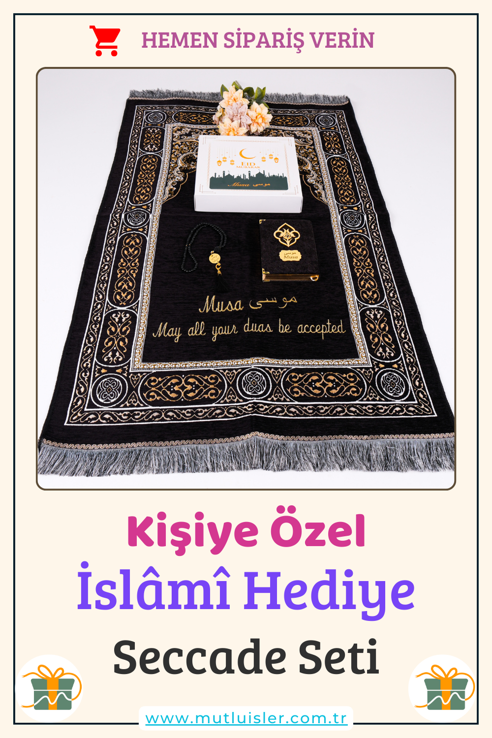 Kişiselleştirilmiş İsme Özel Seccade Kuran Tesbih Hediye Seti, Hediyelik İsimli Seccade Seti