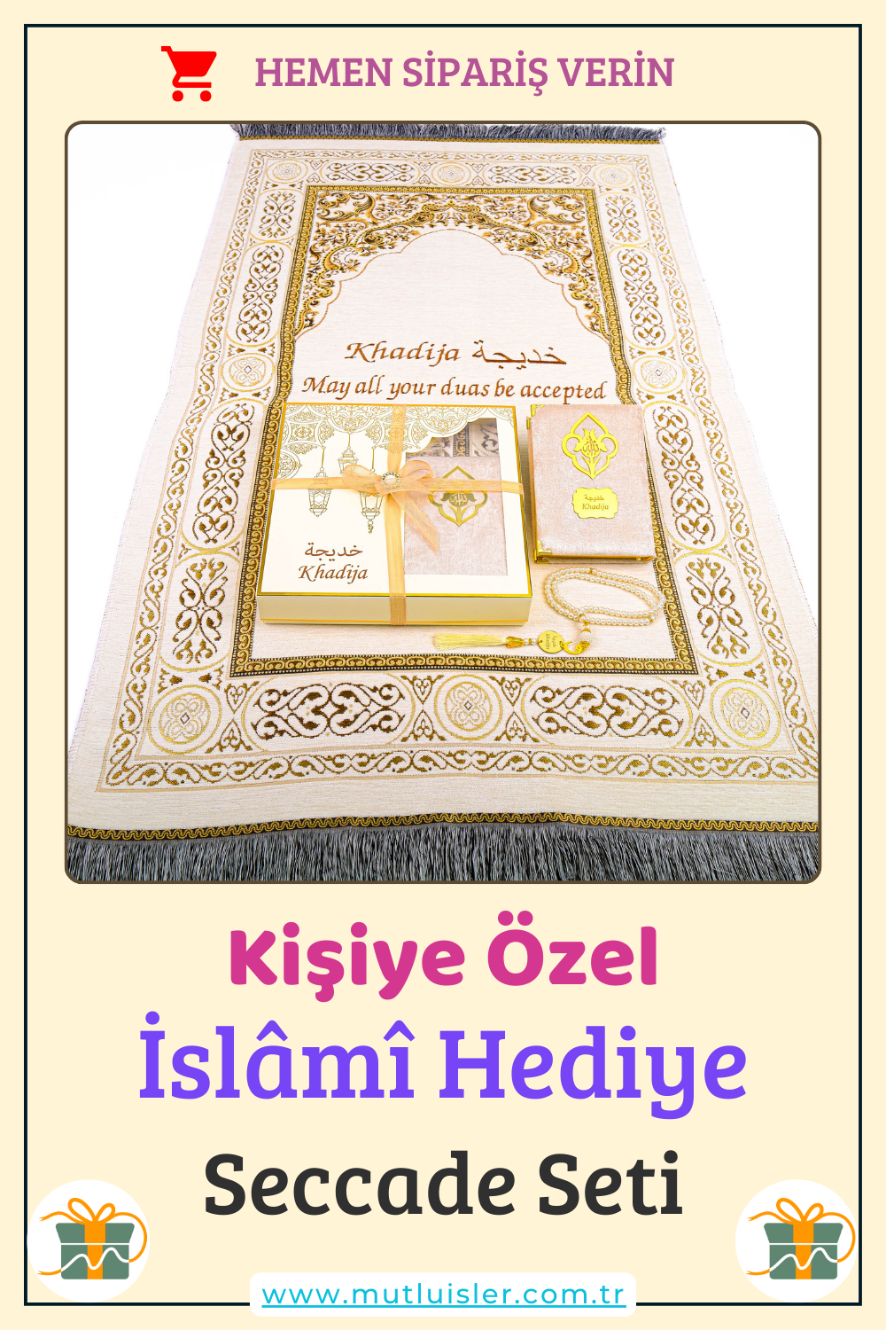 Kişiselleştirilmiş İsme Özel Seccade Kuran Tesbih Hediye Seti, Hediyelik İsimli Seccade Seti