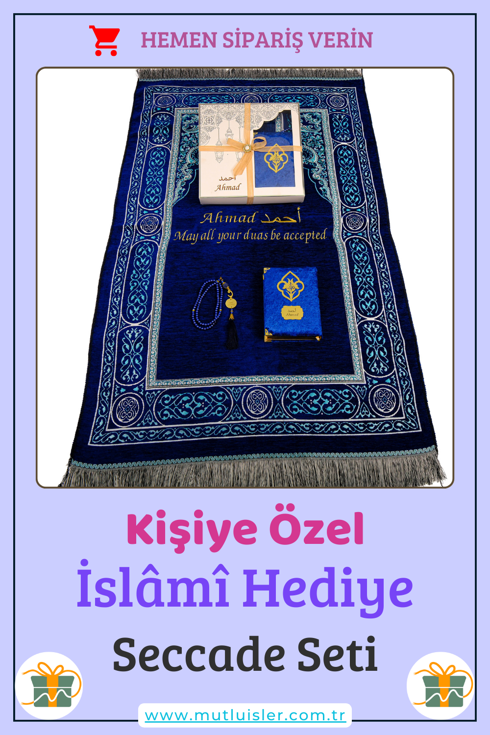Kişiselleştirilmiş İsme Özel Seccade Kuran Tesbih Hediye Seti, Hediyelik İsimli Seccade Seti