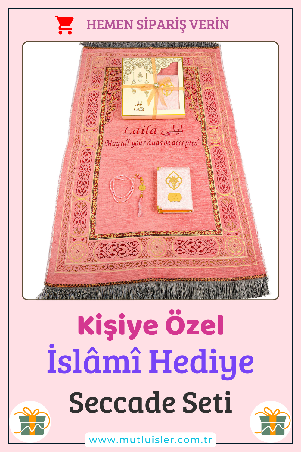 Kişiselleştirilmiş İsme Özel Seccade Kuran Tesbih Hediye Seti, Hediyelik İsimli Seccade Seti