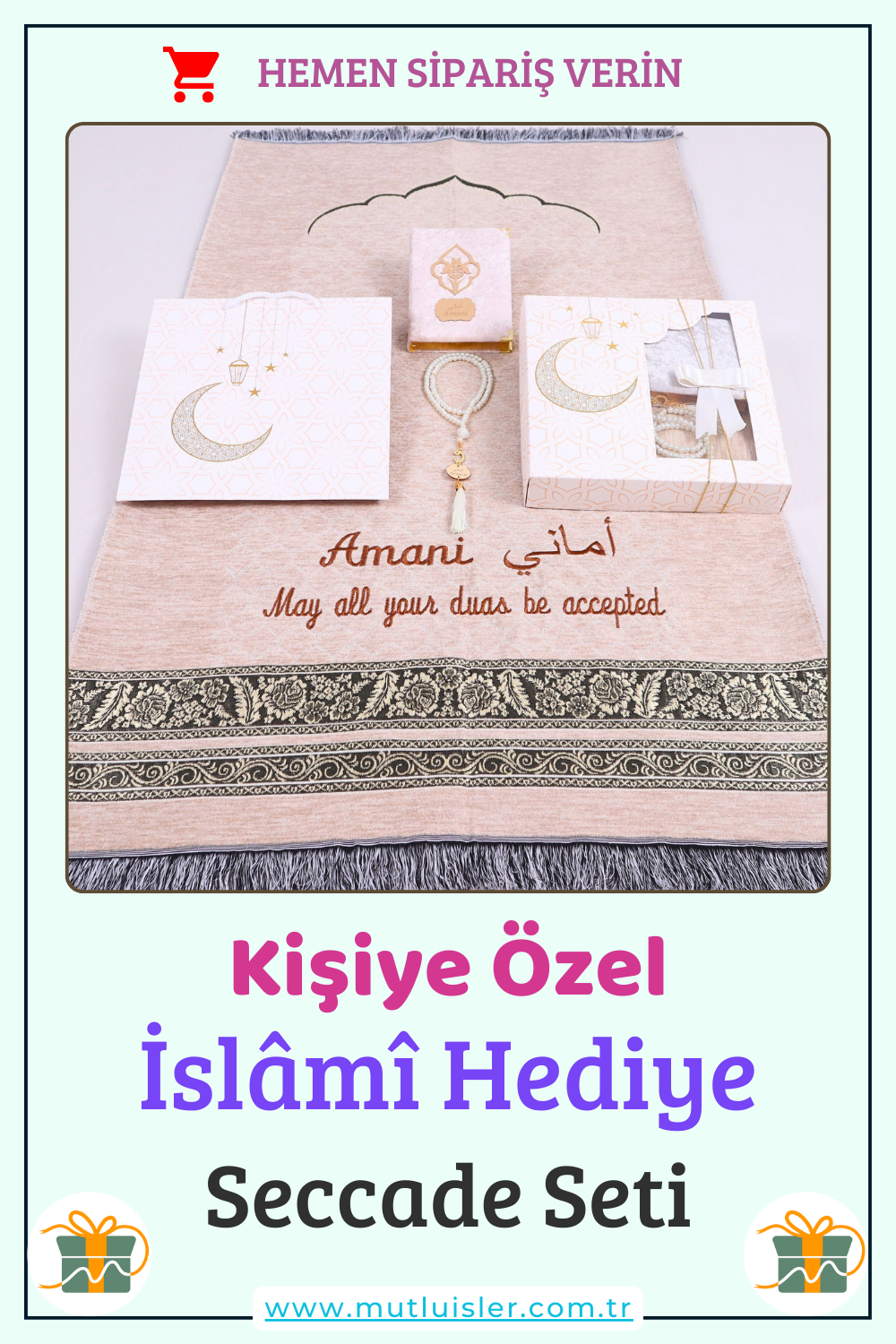 Kişiselleştirilmiş İsme Özel Seccade Kuran Tesbih Hediye Seti, Hediyelik İsimli Seccade Seti