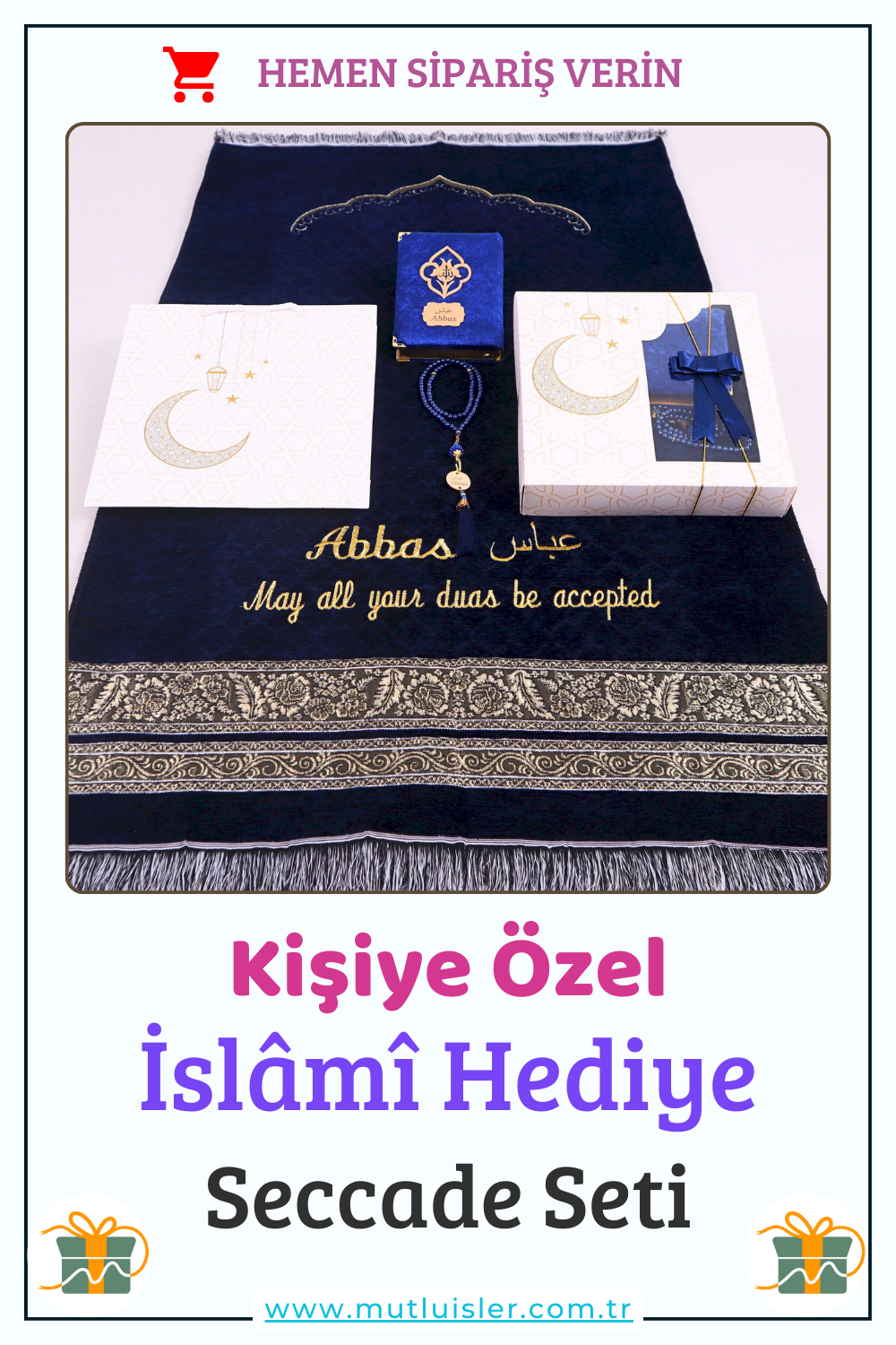 Kişiselleştirilmiş İsme Özel Seccade Kuran Tesbih Hediye Seti, Hediyelik İsimli Seccade Seti