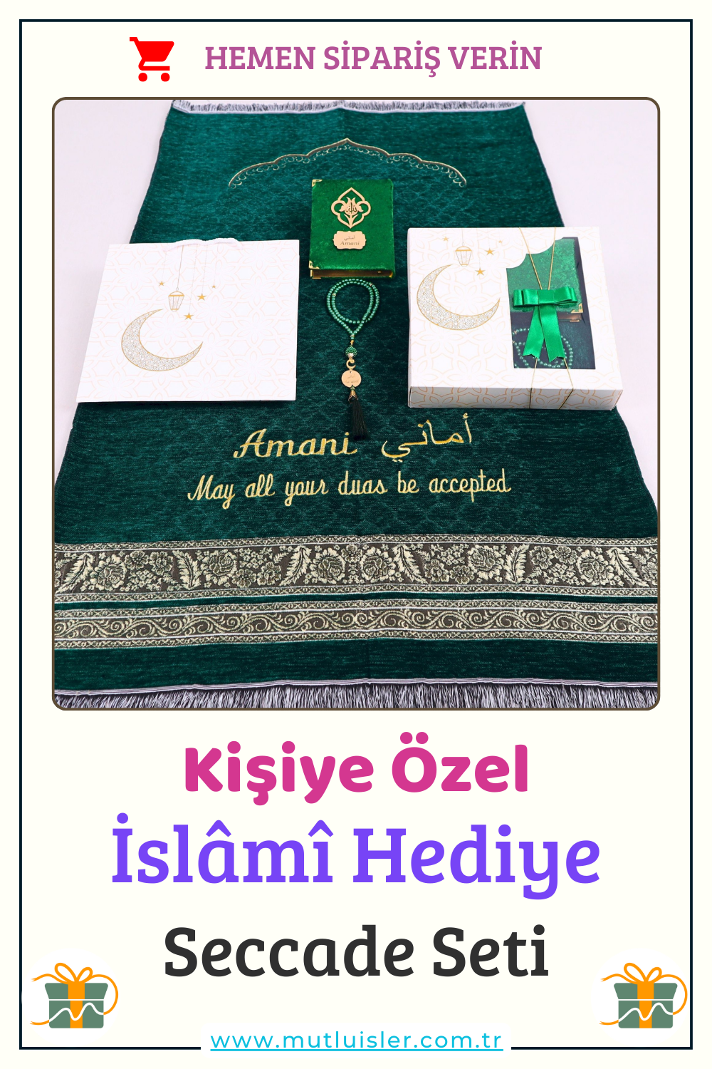 Kişiselleştirilmiş İsme Özel Seccade Kuran Tesbih Hediye Seti, Hediyelik İsimli Seccade Seti