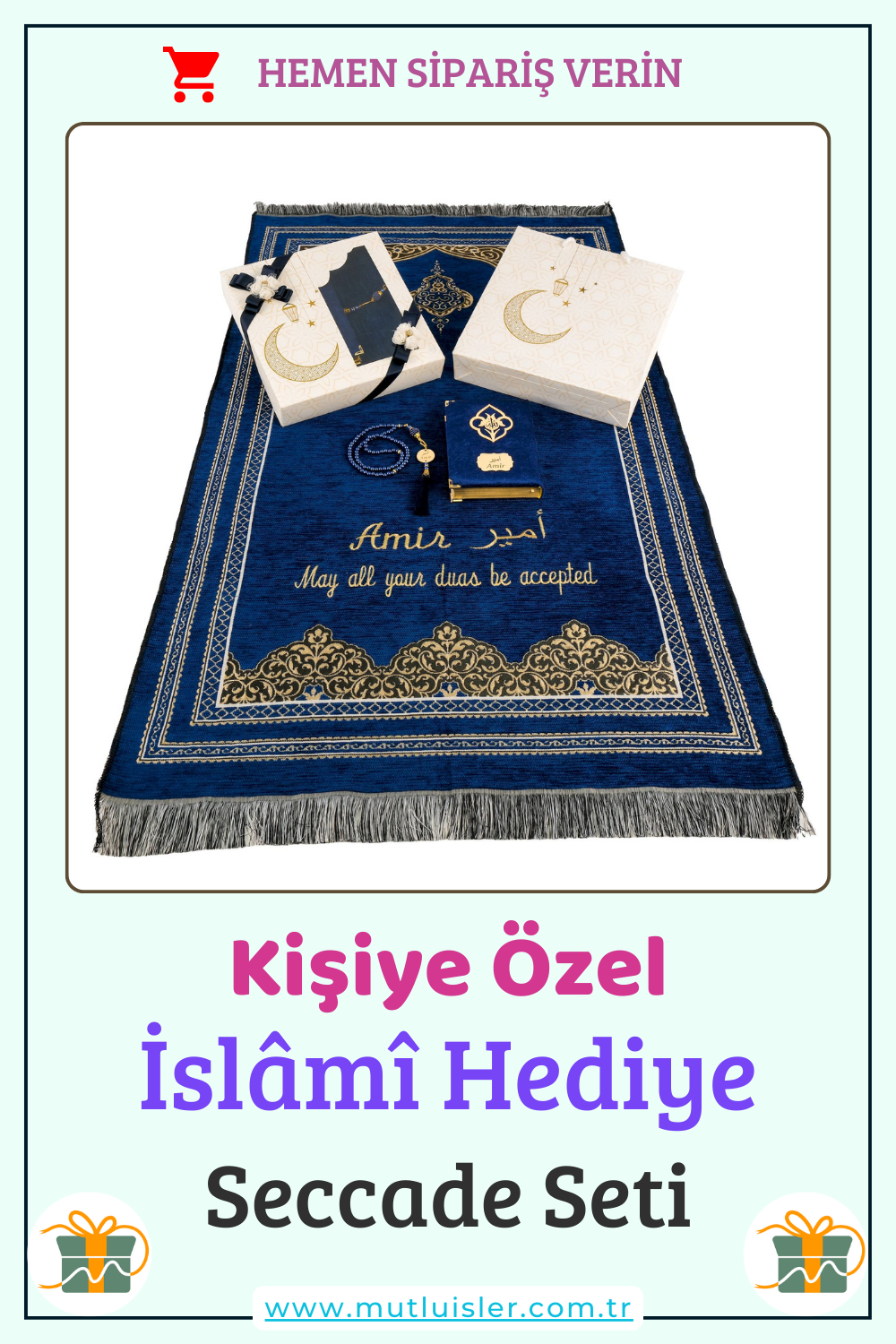 Kişiselleştirilmiş İsme Özel Seccade Kuran-ı Kerim Tespih Hediye Seti, Hediyelik İsimli Seccade Seti
