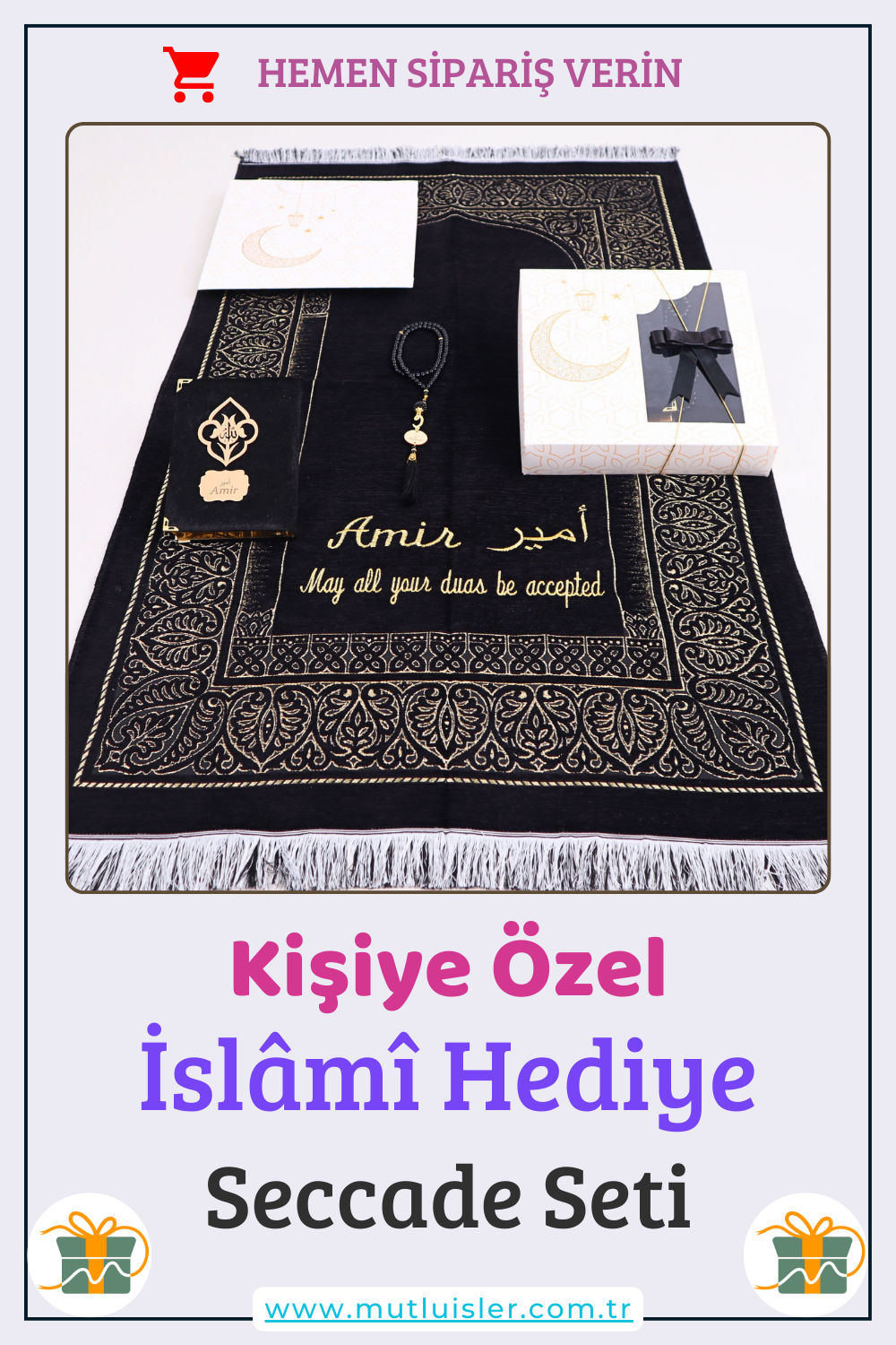 Kişiselleştirilmiş İsme Özel Seccade Kuran Tesbih Hediye Seti, Hediyelik İsimli Seccade Seti