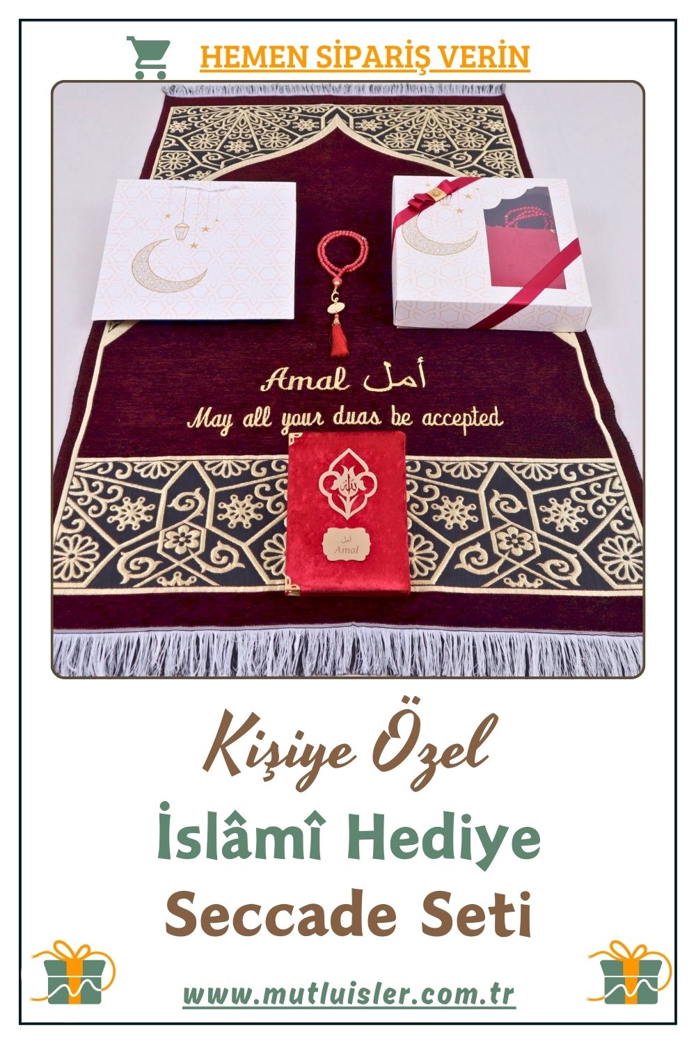İsimli Seccade Kuran-ı Kerim Tespih Hediye Seti | Hediyelik İsme Özel Seccade Seti, Şönil Namazlık