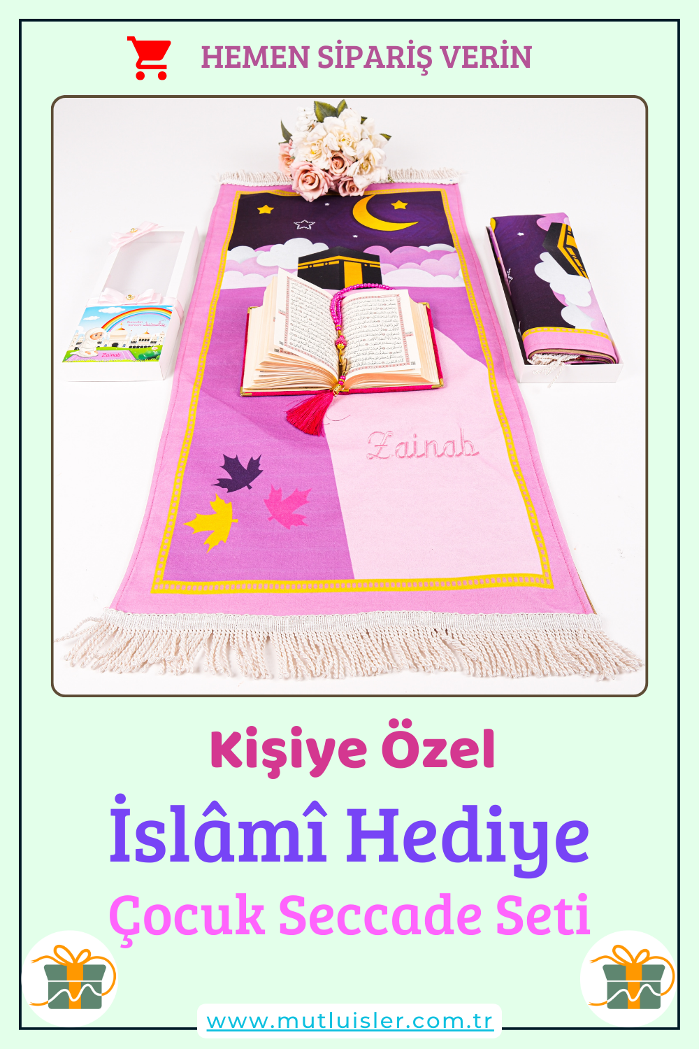 İsme Özel Çocuk İçin Seccade Kuran Tesbih Hediye Seti, Hediyelik İsimli Seccade Seti