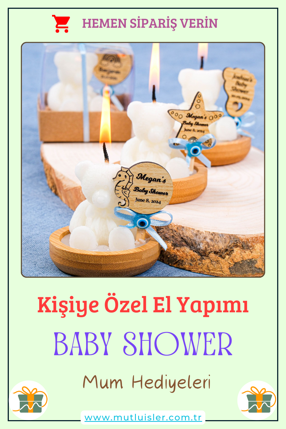 Kişiye Özel Baby Shower Ayıcıklı Mum, Cinsiyet Partisi, 1 Yaş Doğum Günü Hediyelik