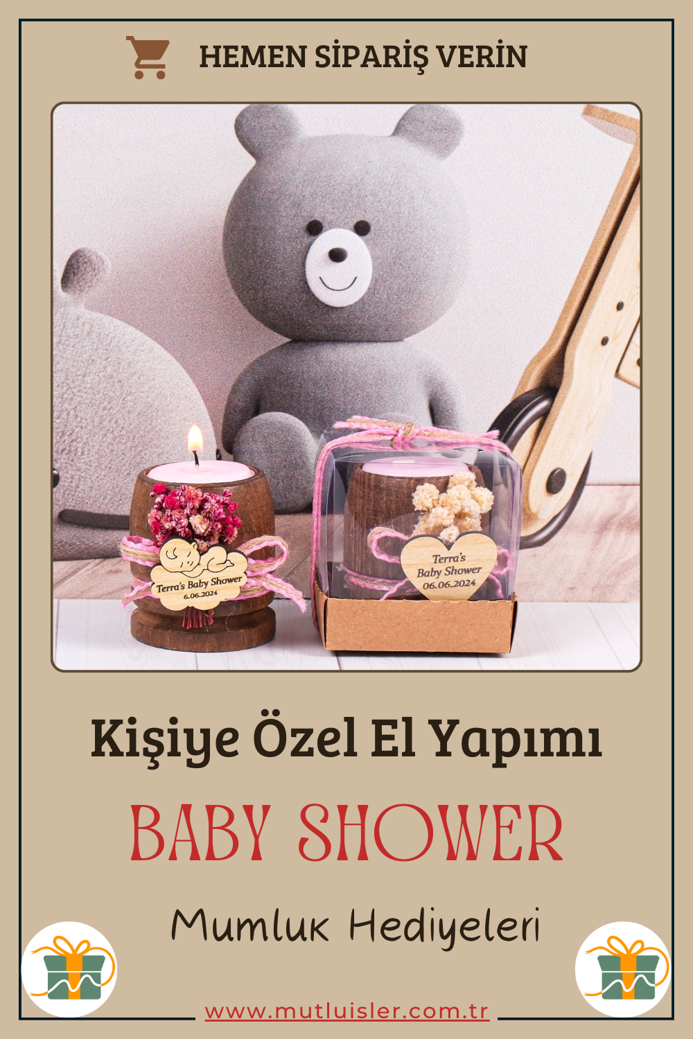 Kişiye Özel Ahşap Mumluk Baby Shower Hediyeleri, Bebek Şekeri