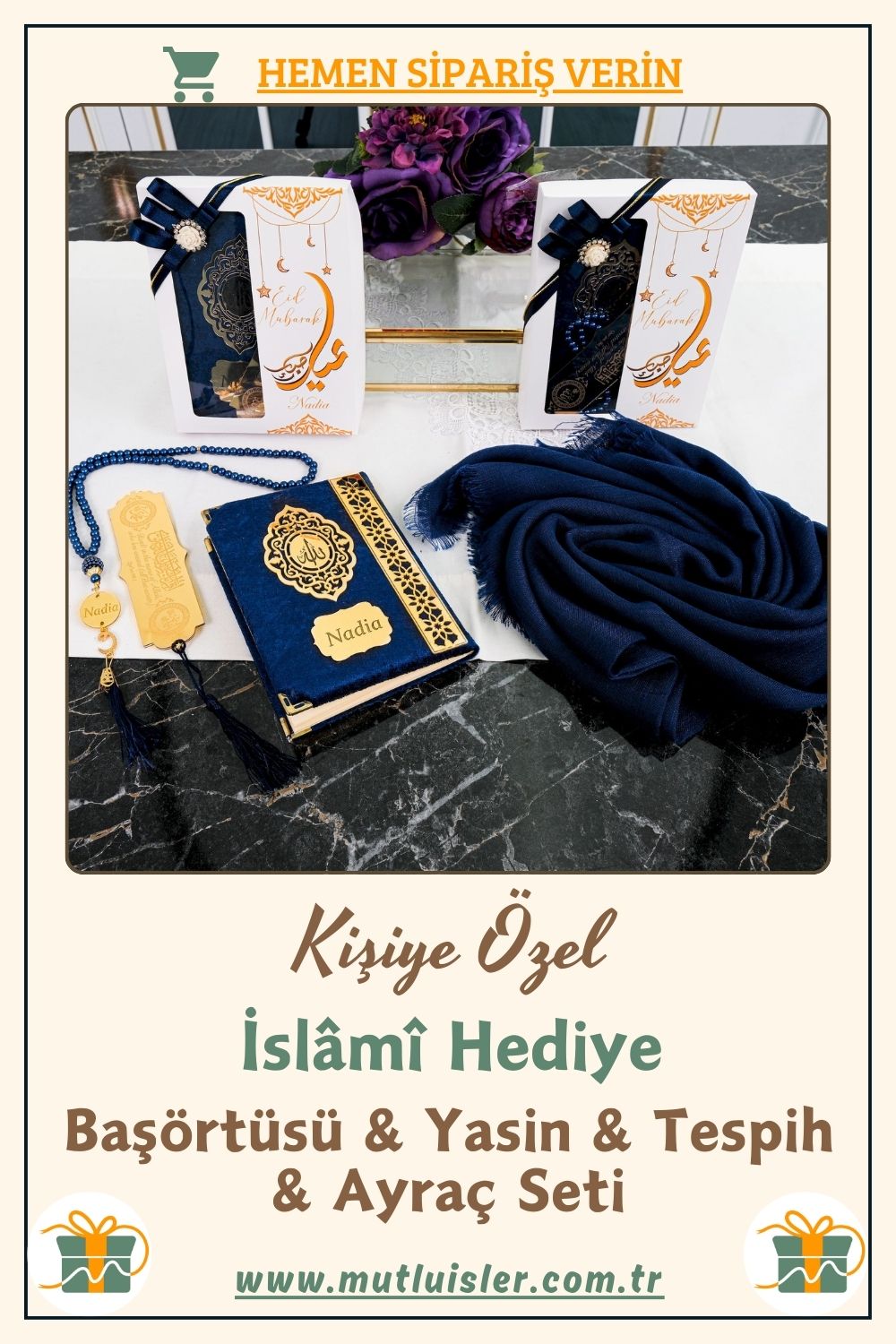 İsme Özel Yasin Başörtüsü Tespih Ayraç Hediye Seti | Düğün, Nikah, Ramazan Hediyelikleri Eşarp