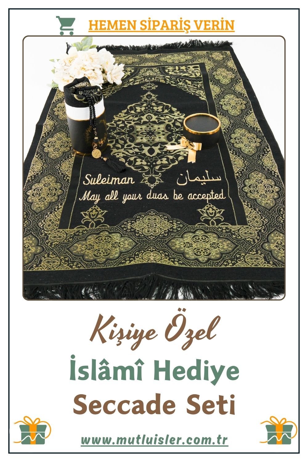 İsme Özel Seccade Tespih Hediye Seti | Hediyelik İsimli Seccade Seti, Namazlık Seyahat Silindir Kutu