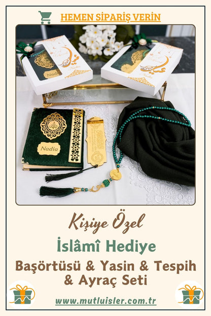 İsme Özel Yasin Başörtüsü Tespih Ayraç Hediye Seti | Düğün, Nikah, Ramazan Hediyelikleri Eşarp