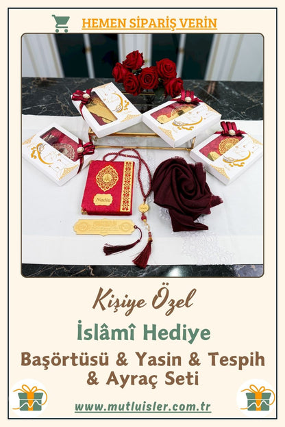 İsme Özel Yasin Başörtüsü Tespih Ayraç Hediye Seti | Düğün, Nikah, Ramazan Hediyelikleri Eşarp