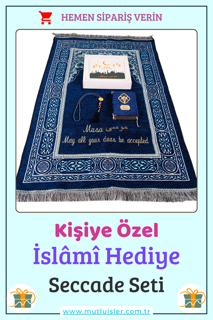 Kişiselleştirilmiş İsme Özel Seccade Kuran Tesbih Hediye Seti, Hediyelik İsimli Seccade Seti