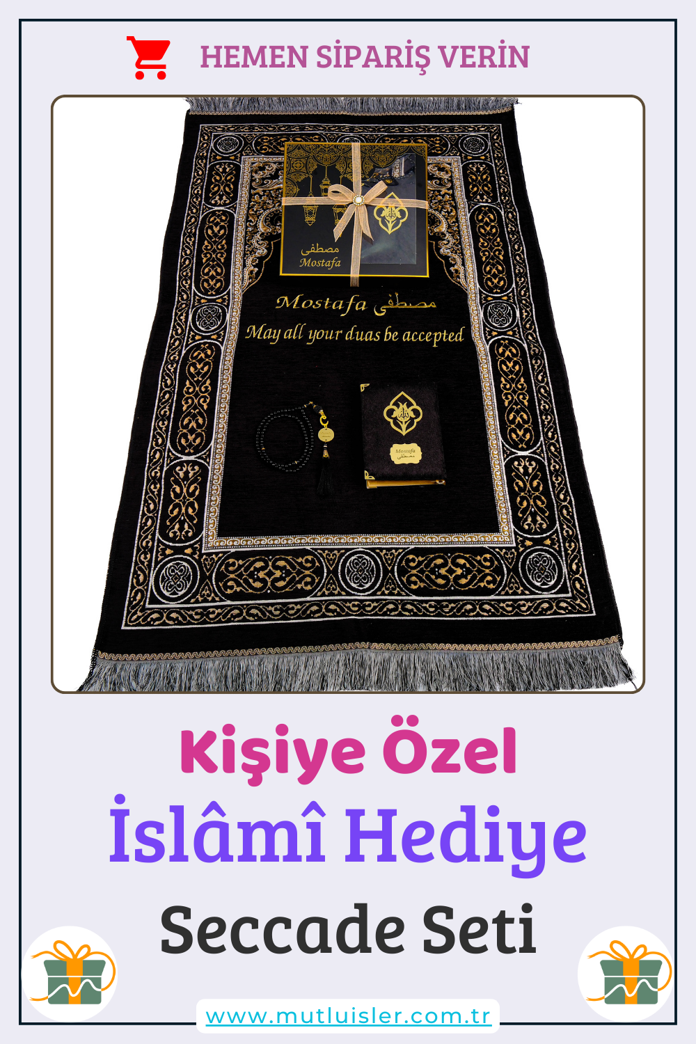 Kişiselleştirilmiş İsme Özel Seccade Kuran Tesbih Hediye Seti, Hediyelik İsimli Seccade Seti