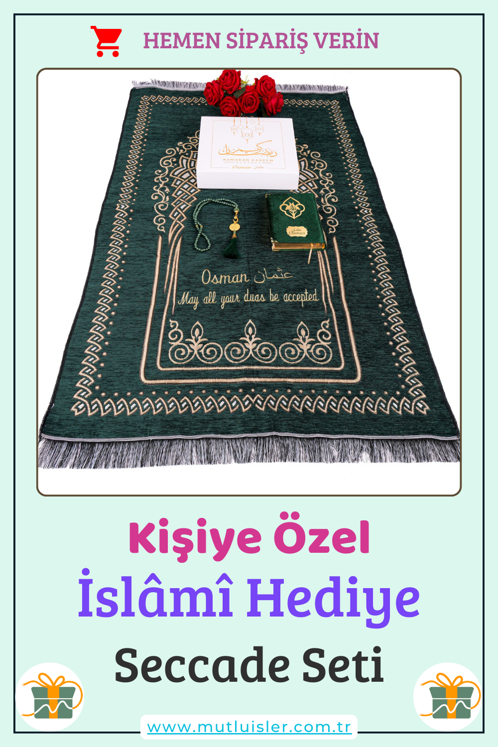 Kişiselleştirilmiş İsme Özel Seccade Kuran-ı Kerim Tesbih Hediye Seti, Hediyelik İsimli Seccade Seti