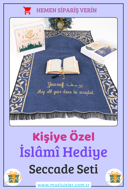 Kişiselleştirilmiş İsme Özel Seccade Kuran Tesbih Hediye Seti, Hediyelik İsimli Seccade Seti