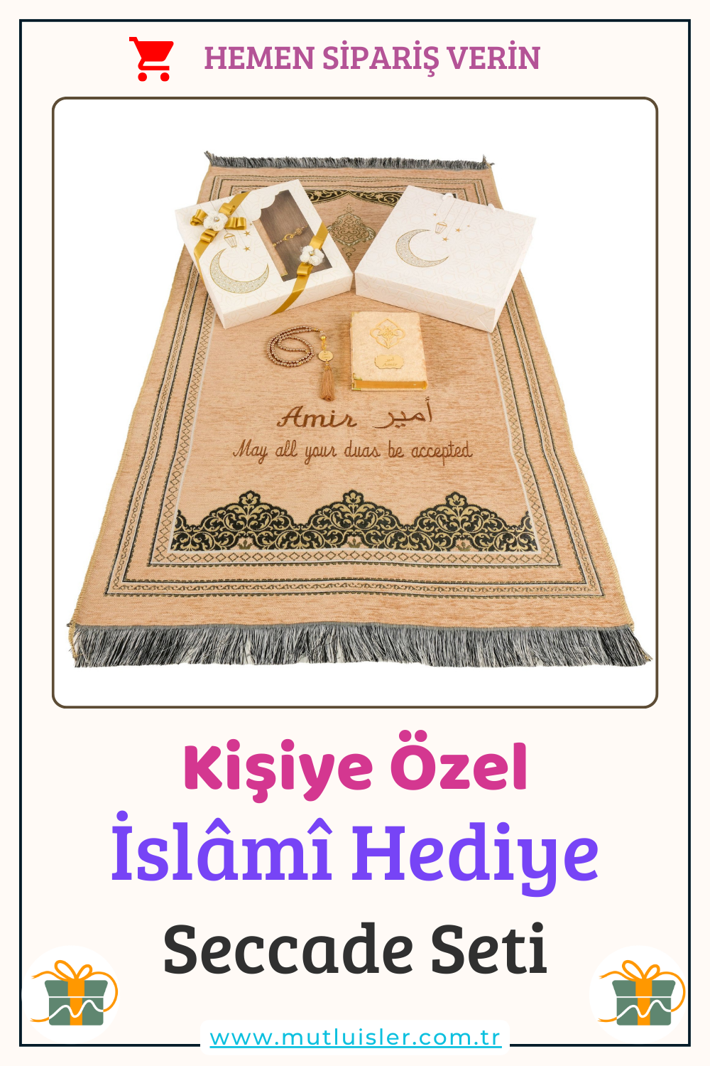 Kişiselleştirilmiş İsme Özel Seccade Kuran-ı Kerim Tespih Hediye Seti, Hediyelik İsimli Seccade Seti