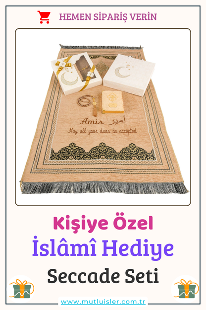 Kişiselleştirilmiş İsme Özel Seccade Kuran-ı Kerim Tespih Hediye Seti, Hediyelik İsimli Seccade Seti