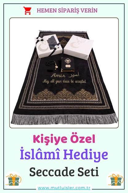 Kişiselleştirilmiş İsme Özel Seccade Kuran-ı Kerim Tespih Hediye Seti, Hediyelik İsimli Seccade Seti