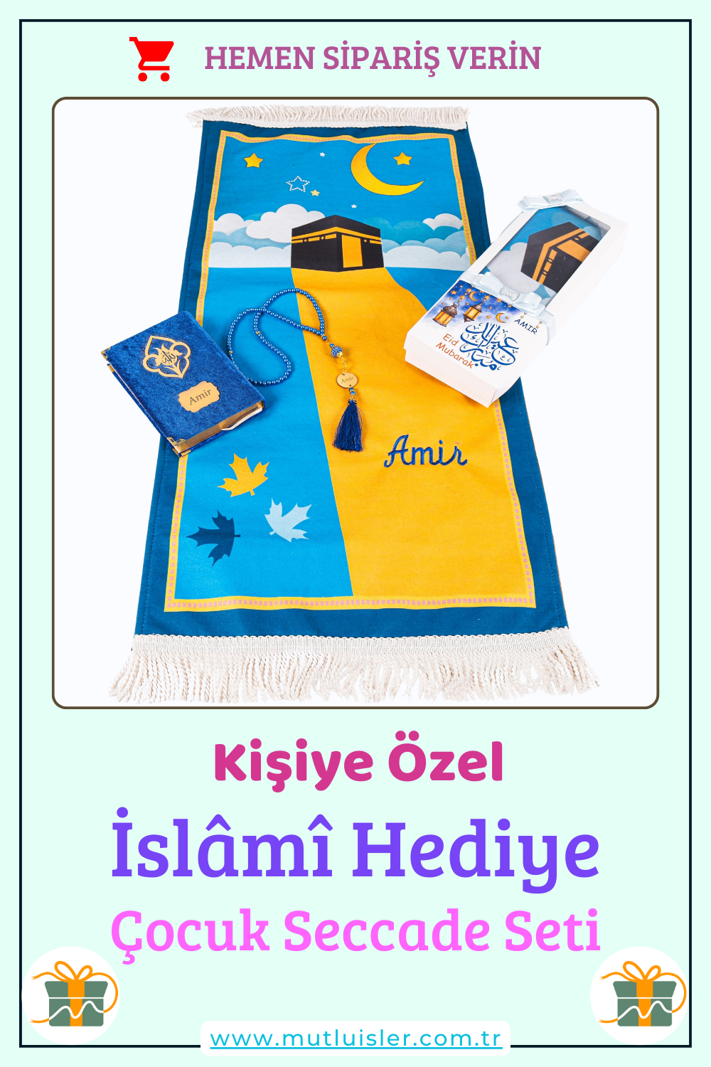 İsme Özel Çocuk İçin Seccade Kuran Tesbih Hediye Seti, Hediyelik İsimli Seccade Seti