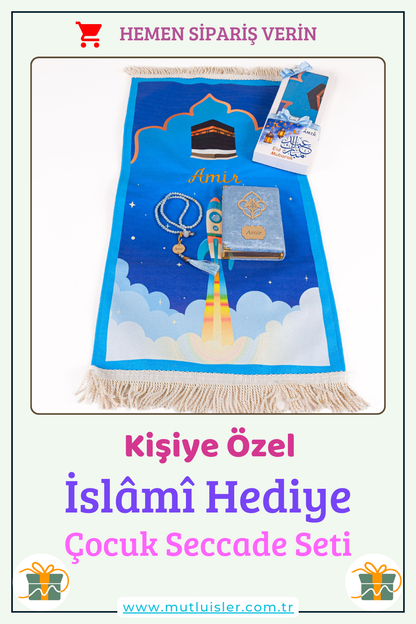 İsme Özel Çocuk İçin Seccade Kuran Tesbih Hediye Seti, Hediyelik İsimli Seccade Seti